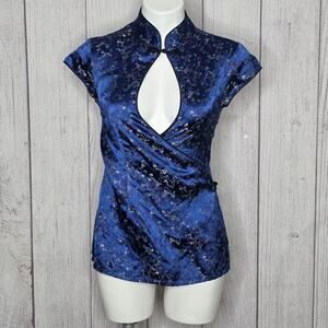 Vintage Y2K Frederick's of Hollywood Blue Brocade Wrap Top, sz Small